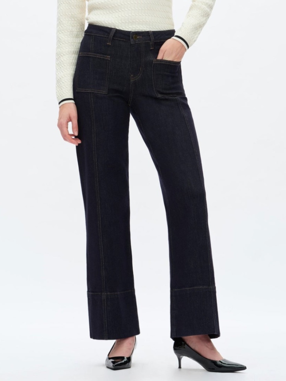 BAYEAS Dark Katia Indigo Wide-Leg Jeans with Front Patch Pockets Size 27